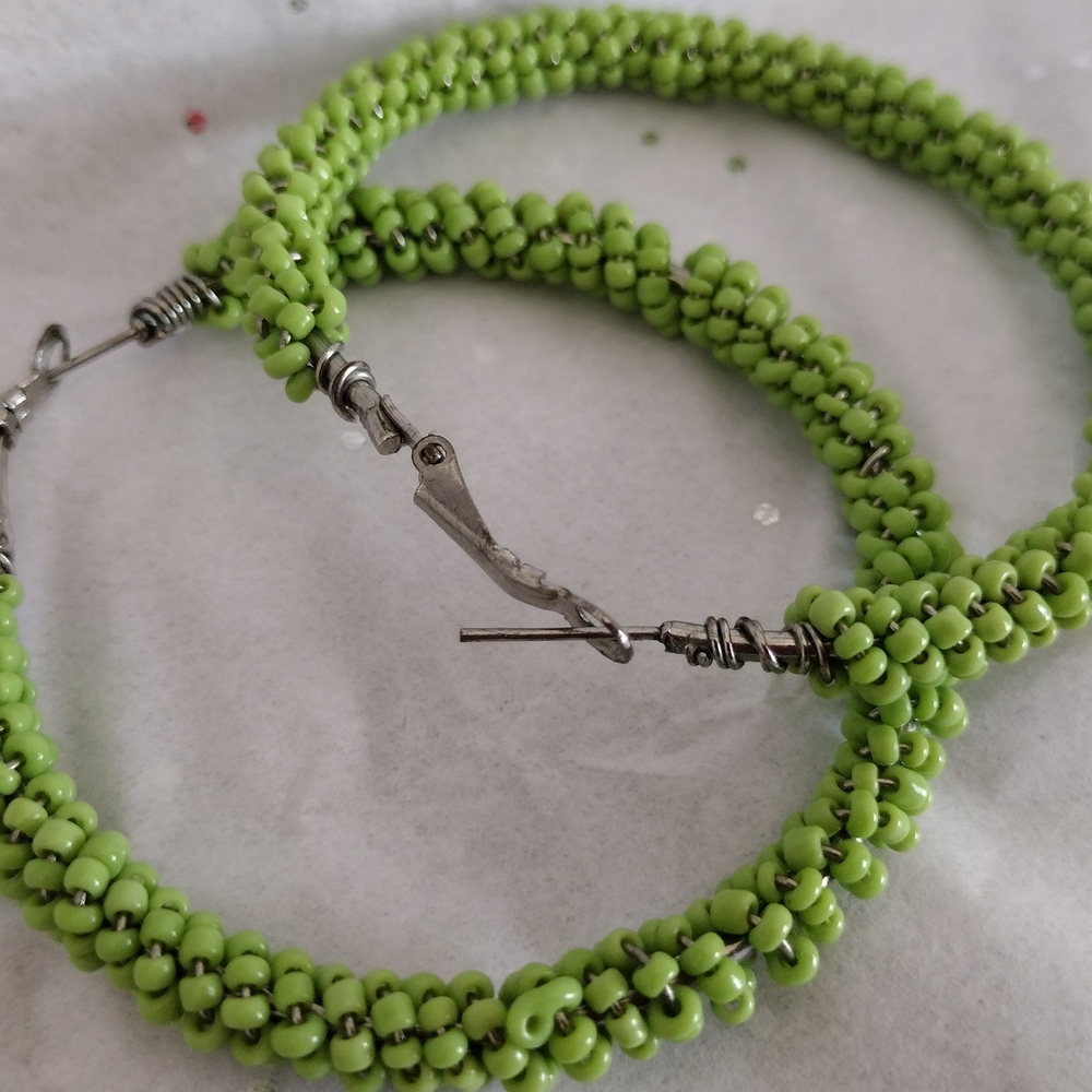 Green Beaded Hoop Earrings